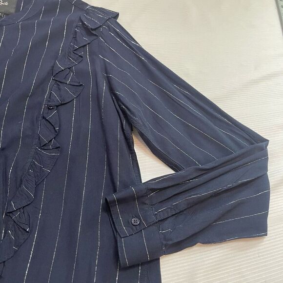 Rails Blouse Piper Tie Front Navy Silver Stripe Ruffle Button Up Shirt Medium - Picture 2 of 10
